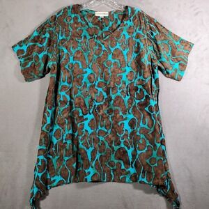 Cottonways Top Womens L/XL Brown Blue Geometric Print Asymmetric Hem Boho Artsy‎